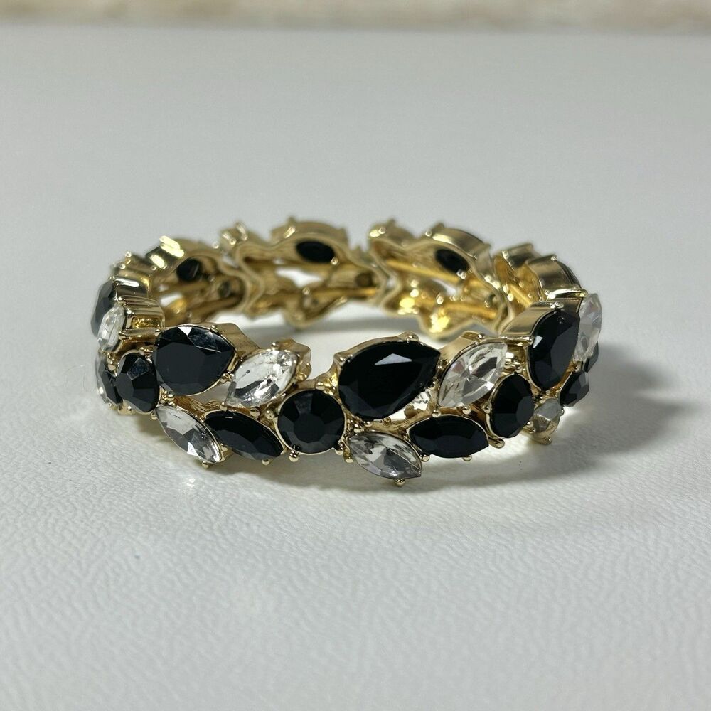 Anne Klein Rhinstone Black Goldtone Teardrop Stretch Bracelet NWT